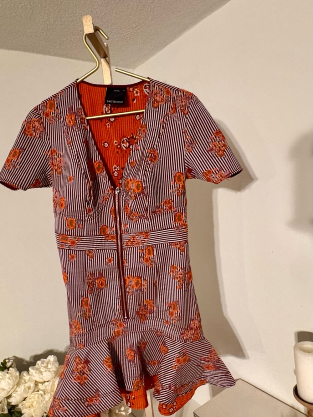 Striped Floral Ruffle Hem Mini Dress - Orange - Picture 3 of 6